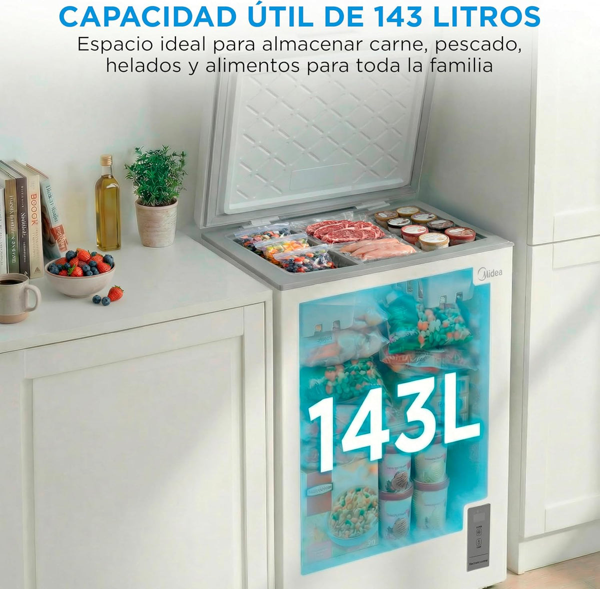 Congelador horizontal MIDEA, 143 l, convertible en frigorífico con motor inverter, control electrónico de temperatura, cestas con asa, silencioso, 37 dB, ahorro de energía