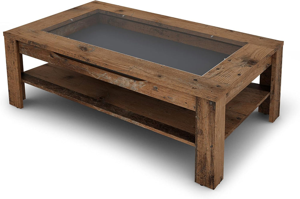 byLIVING Couchtisch Ralph/Eiche-Altholz-Optik dunkel-braun/Sofatisch mit Glaseinlage und großzügiger Schublade in braun/Beistelltisch mit viel Stauraum/B 110, H 43, T 67 cm