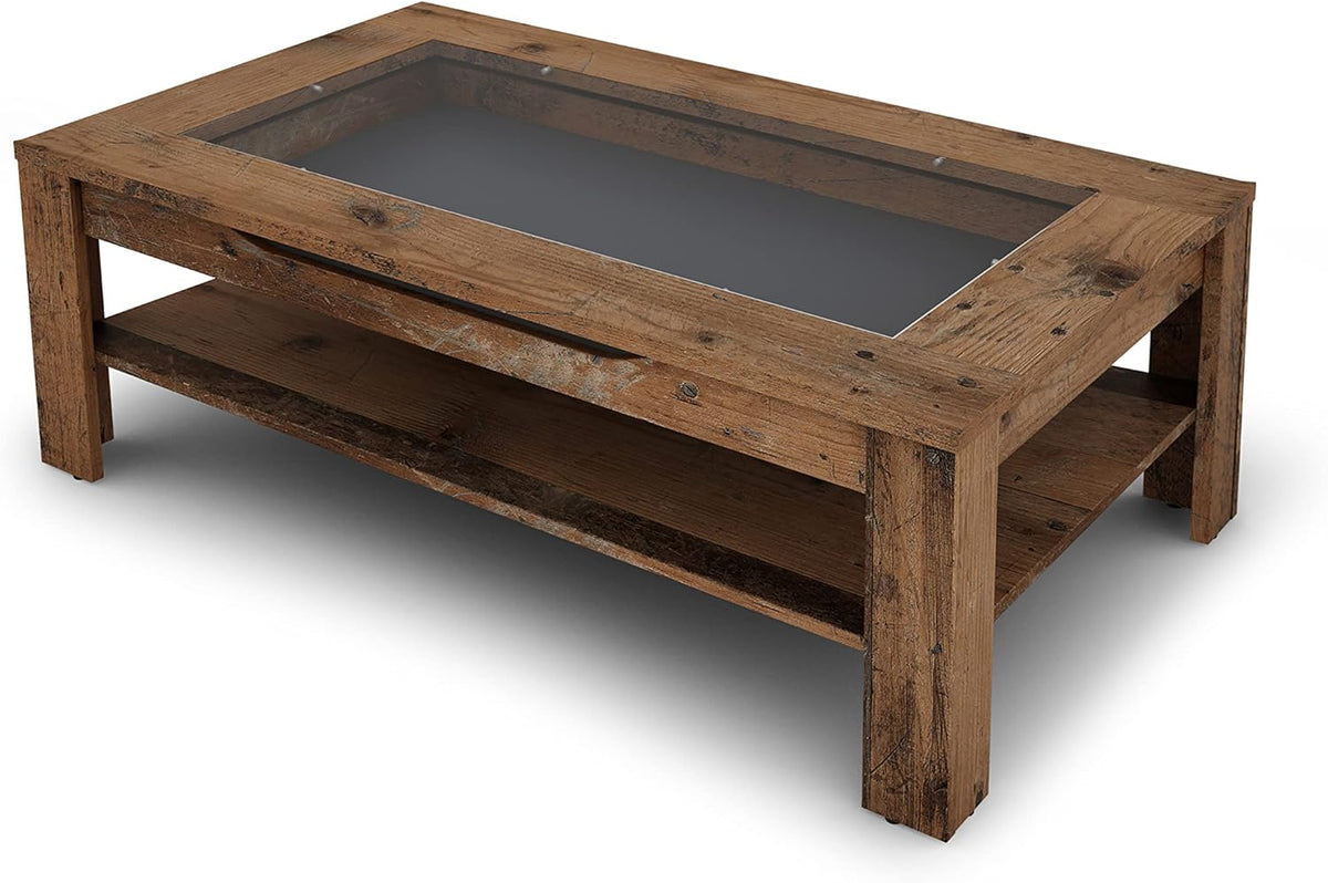 byLIVING Couchtisch Ralph/Eiche-Altholz-Optik dunkel-braun/Sofatisch mit Glaseinlage und großzügiger Schublade in braun/Beistelltisch mit viel Stauraum/B 110, H 43, T 67 cm