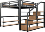 140*200 Metall-Hochbett mit Aufbewahrungsleiter mit Regalen und Tisch, Sicherheitszaun-Design mit gespleißten Metallplanken, Hohes Eisenrahmenbett mit Metallrahmen für stabile Unterstützung (Schwarz)