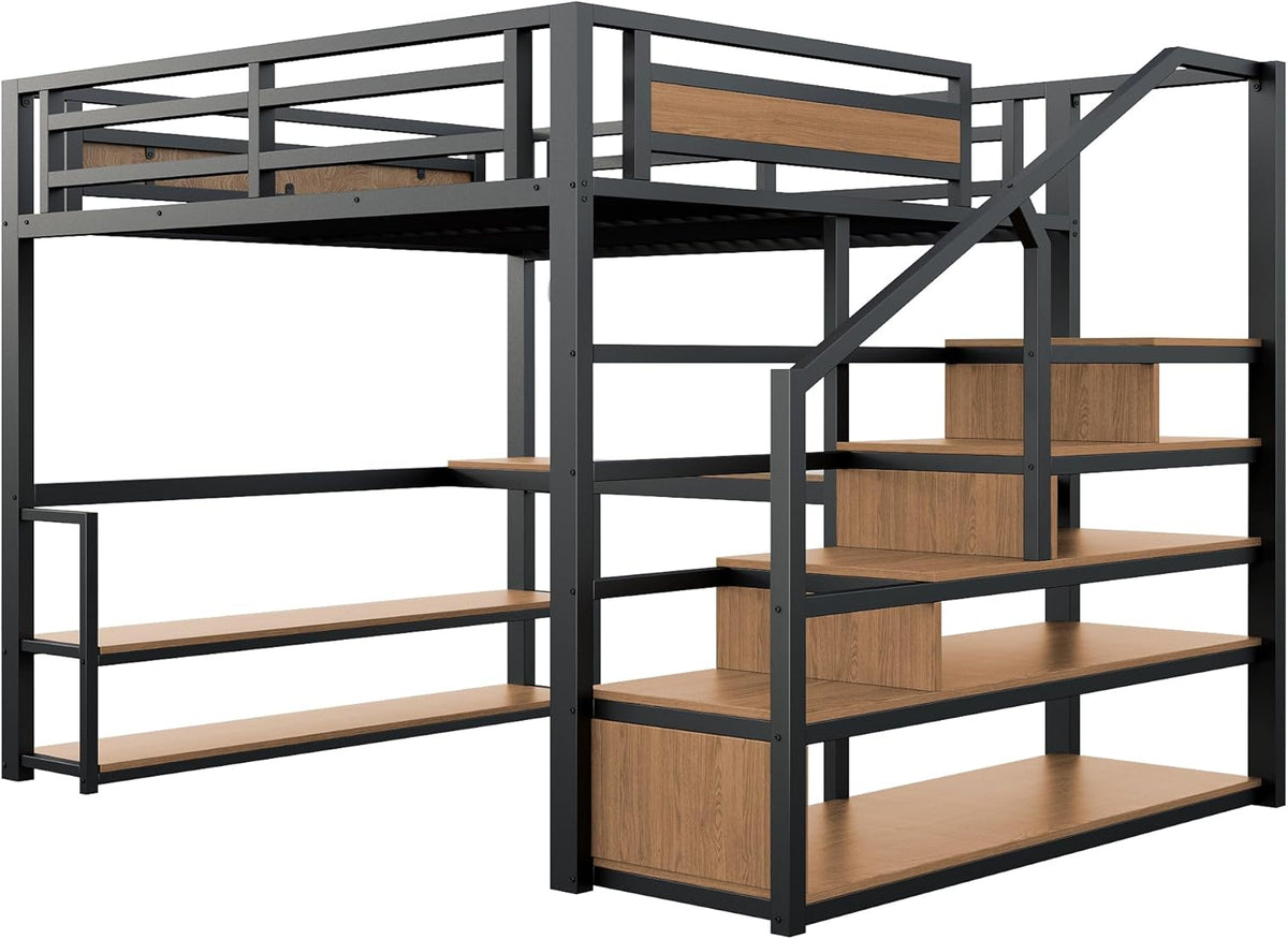 140*200 Metall-Hochbett mit Aufbewahrungsleiter mit Regalen und Tisch, Sicherheitszaun-Design mit gespleißten Metallplanken, Hohes Eisenrahmenbett mit Metallrahmen für stabile Unterstützung (Schwarz)