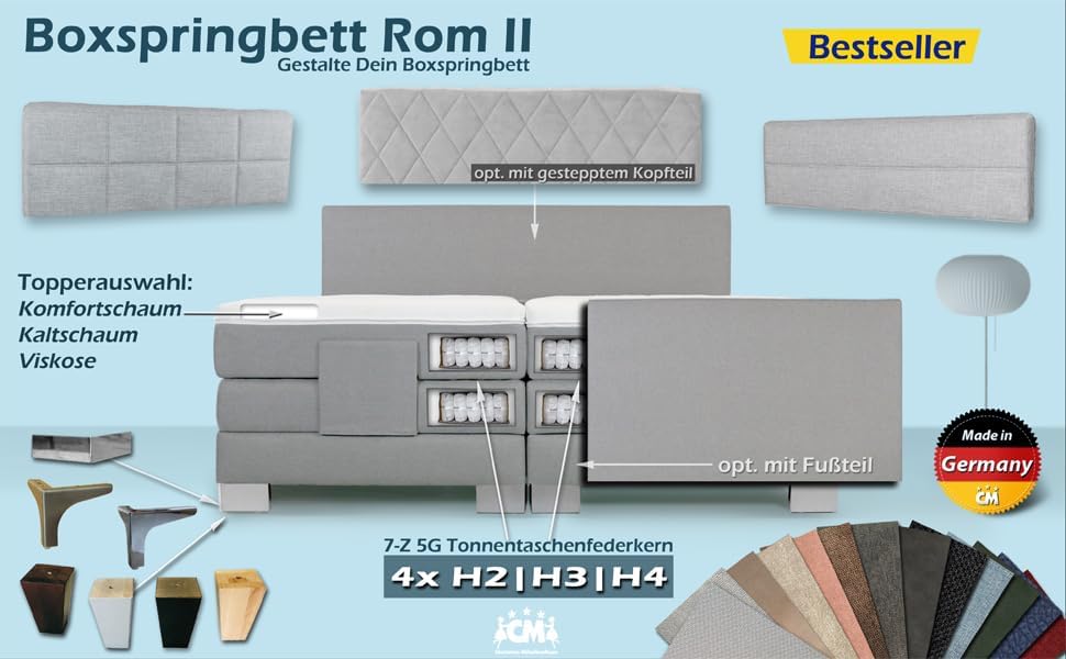 Cama boxspring Rom II 120x200 cm con ajuste eléctrico mediante motor, incluye colchón de muelles ensacados y topper. Grado de firmeza H2 / H3 / H4. Cabecero y piecero ajustables.