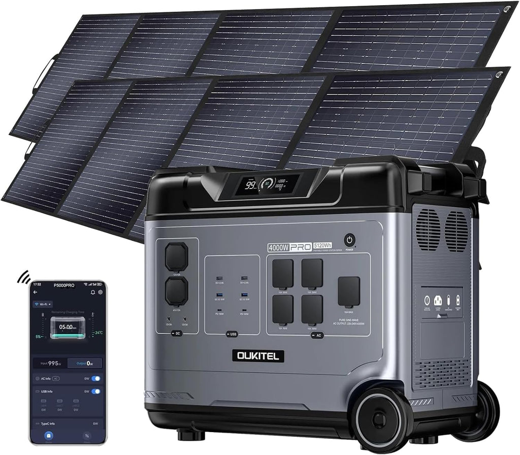 OUKITEL P5000 Pro Central eléctrica portátil de 4000 W con 2 paneles solares de 200 W, generador solar de 5120 Wh, batería LiFePO4, 15 salidas, aplicación, estación de energía portátil para camping, viajes, apartamento