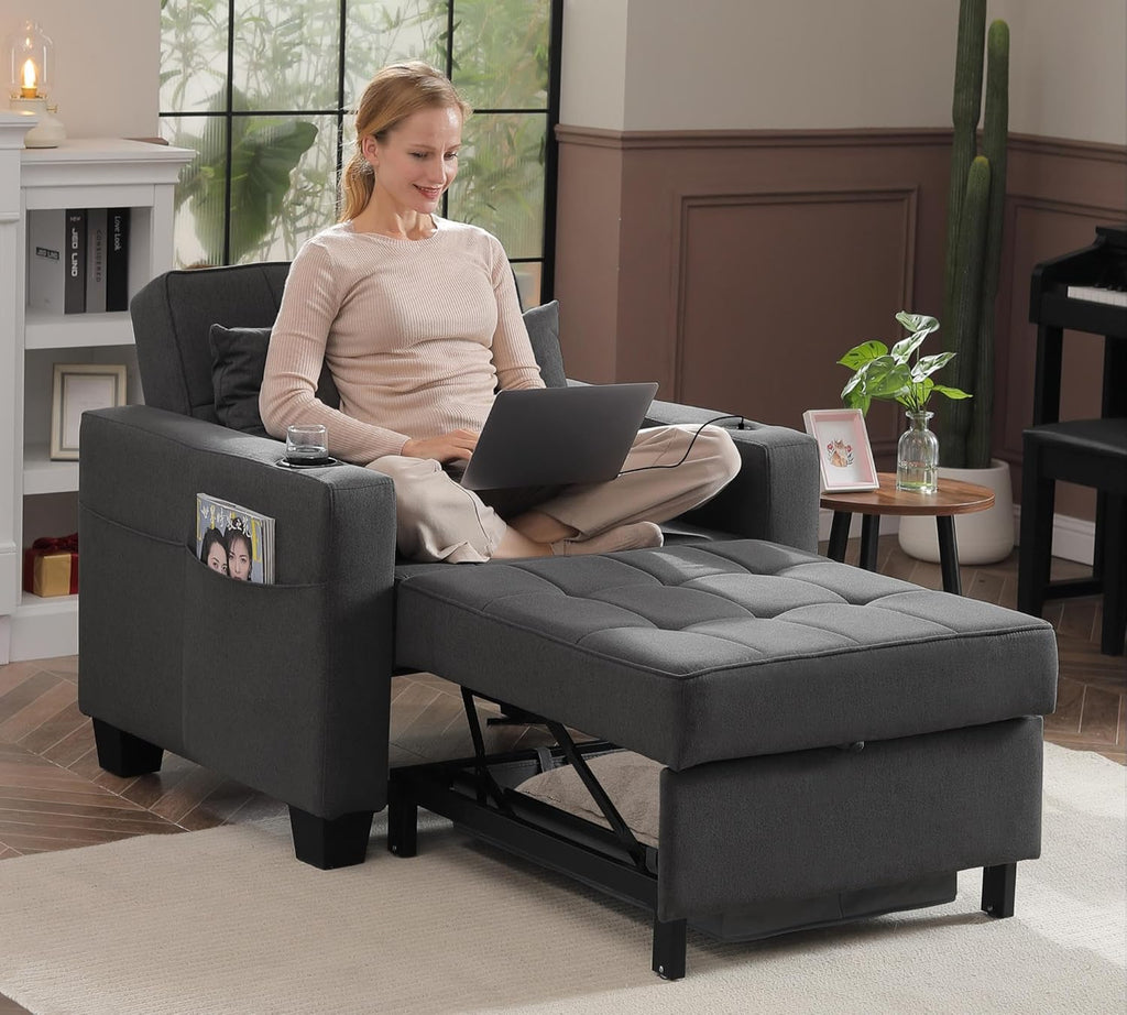 Sillón cama DURASPACE, silla convertible 3 en 1, sillón cama extensible, sofá cama con puertos USB, bolsillo lateral, portavasos para espacios pequeños (gris oscuro)
