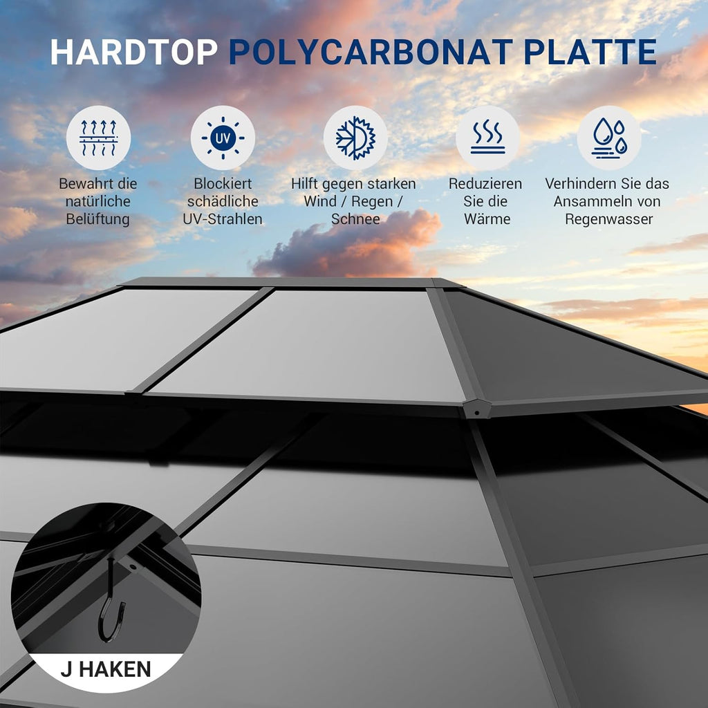 UDPATIO 3x4 m Pavillon Polycarbonat Doppeldach mit Vorhängen,Wetterbeständige Legierungen-Gartenpavillon wasserdicht stabil Winterfest UV-Schutz 6x6 cm starken Pfosten für Garten, Terrasse, Grau