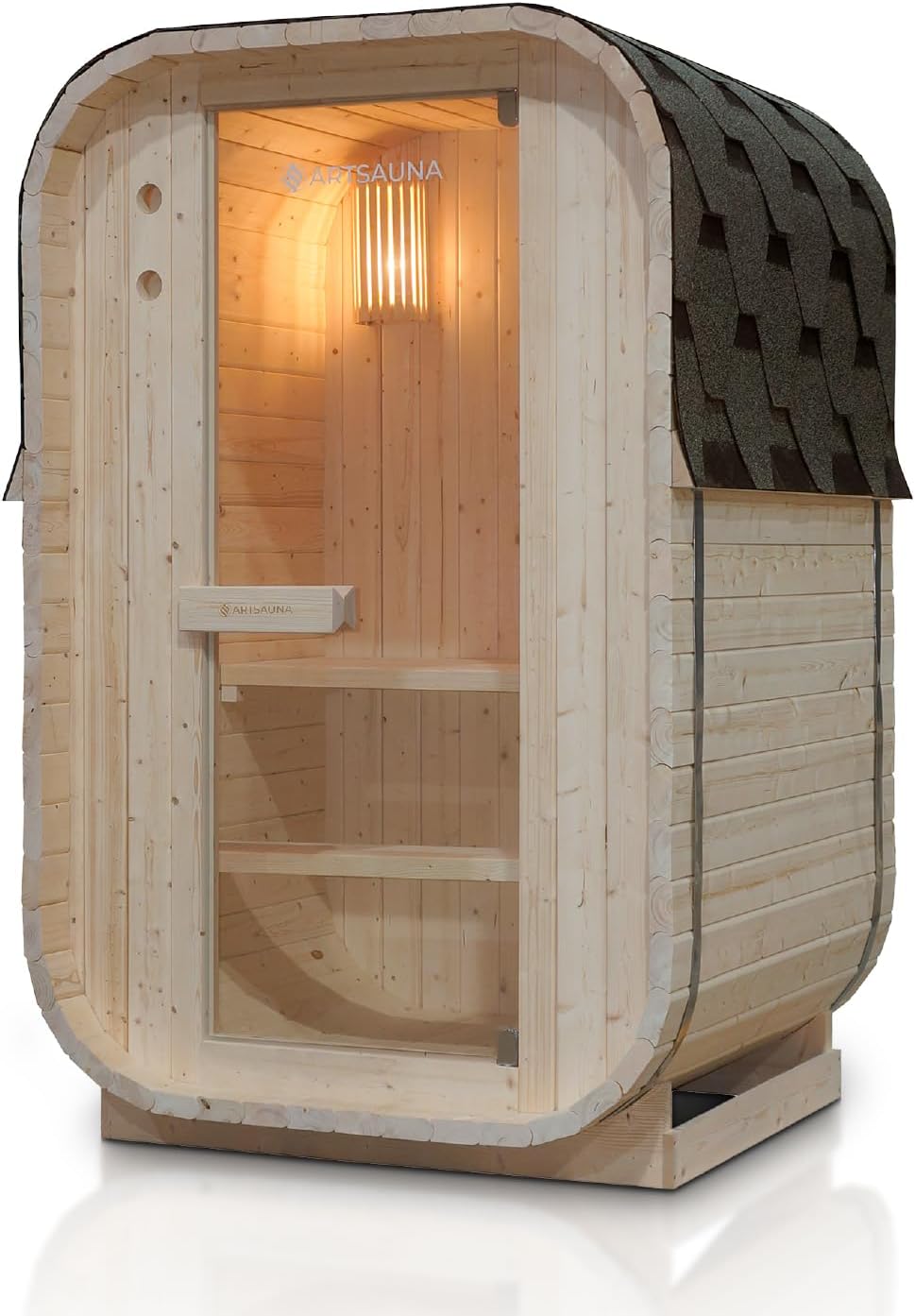 Sauna de barril Artsauna Nolvik S, sauna de exterior de madera de abeto, estufa de 3,6 kW, LED, set completo con reloj de arena, cubo y termómetro, resistente al invierno, diseño de cubo