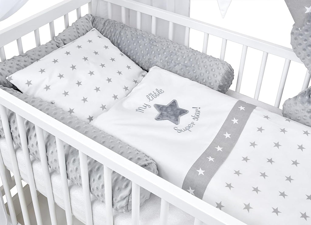 Set completo de cuna Baby Delux, cama casita de 60x120 cm, color blanco, con cajón, barrera anticaídas, colchón, ropa de cama y set de decoración (Prince Stars)