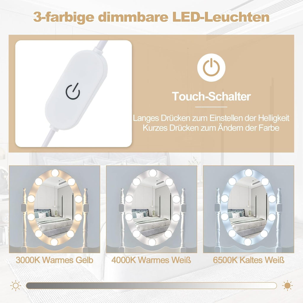 Tocador COSTWAY con iluminación LED, brillo  ajustable, mesa de maquillaje con 4 cajones, taburete y espejo giratorio de 360°, mesa de cosméticos para dormitorio (blanco)