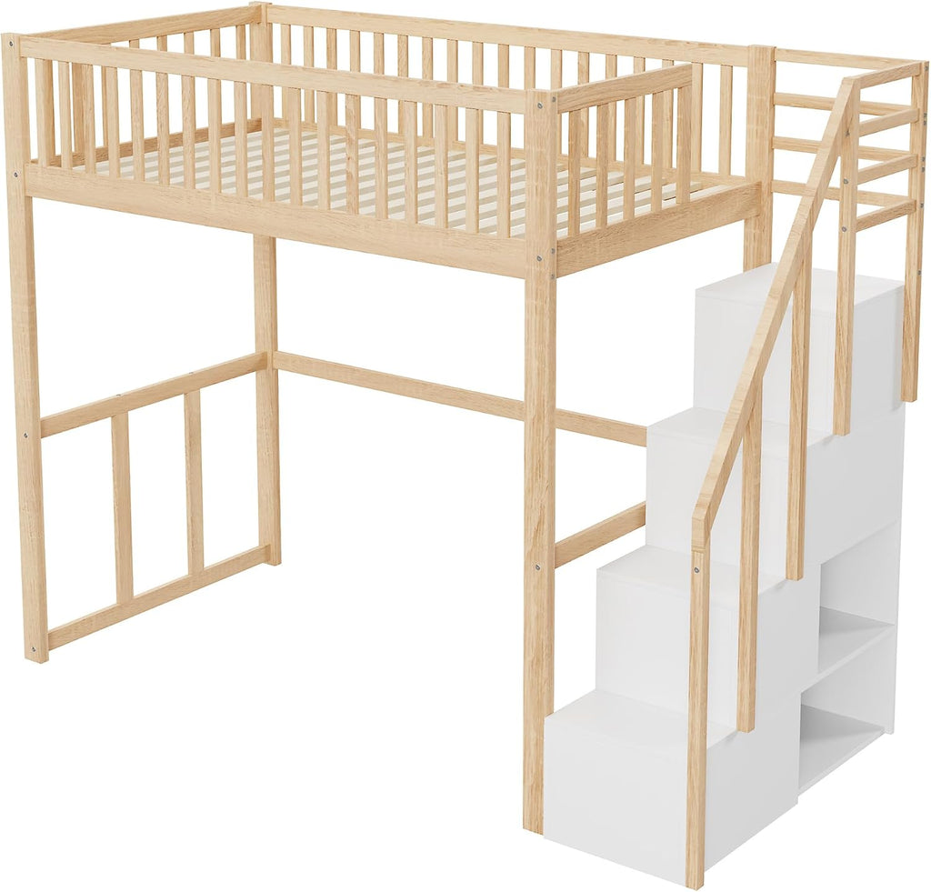 Cama alta Moimhear 90x200 cm con escalera de seguridad y almacenamiento, estructura de cama de madera de pino maciza para niños y jóvenes (color madera + blanco)