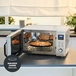 Microondas 4 en 1 SEVERIN "Crispy Wave", función de aire caliente hasta 230 °C, freidora de aire, microondas, horno y grill, temporizador de 95 min, potencia máx. 2150 W, 25 L, plata/acero inoxidable, MW 7982
