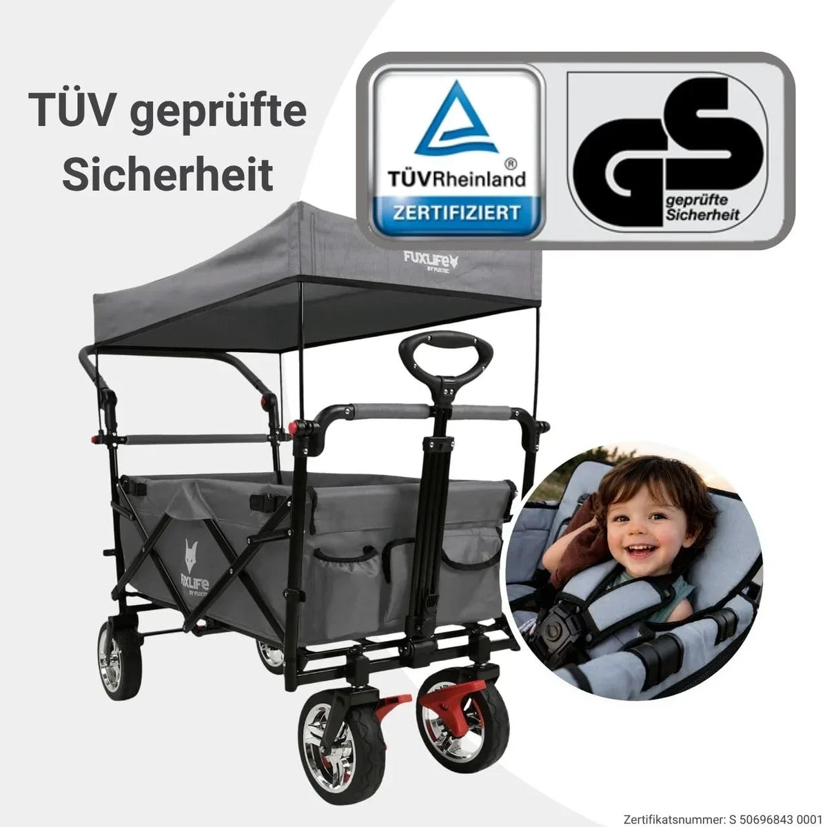 Carrito de mano plegable y compacto Fuxtec FX-CT700 gris, con frenos, asiento acolchado, mango ajustable en altura, para excursiones
