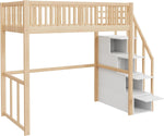 Cama alta Moimhear 90x200 cm con escalera de seguridad y almacenamiento, estructura de cama de madera de pino maciza para niños y jóvenes (color madera + blanco)