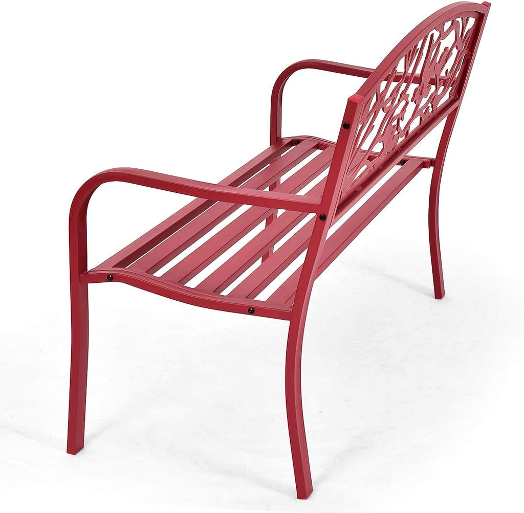 GIANTEX Banco de jardín de 2 plazas, banco de parque de metal, banco de hierro con capacidad de carga de hasta 280 kg, banco de terraza con respaldo y reposabrazos, banco de estilo retro para jardín, balcón, terraza, 127 x 59,5 x 87,5 cm rojo