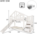 Merax Kinderbett Etagenbett 90x200cm Housebett Stockbett Hochbett mit Rutsche,Treppe Staufach Stauraum,Lattenrost,Rausfallschutz,mit Fenster, für 2 Kinder, Ohne Matratze,Weiß/254×96×207cm