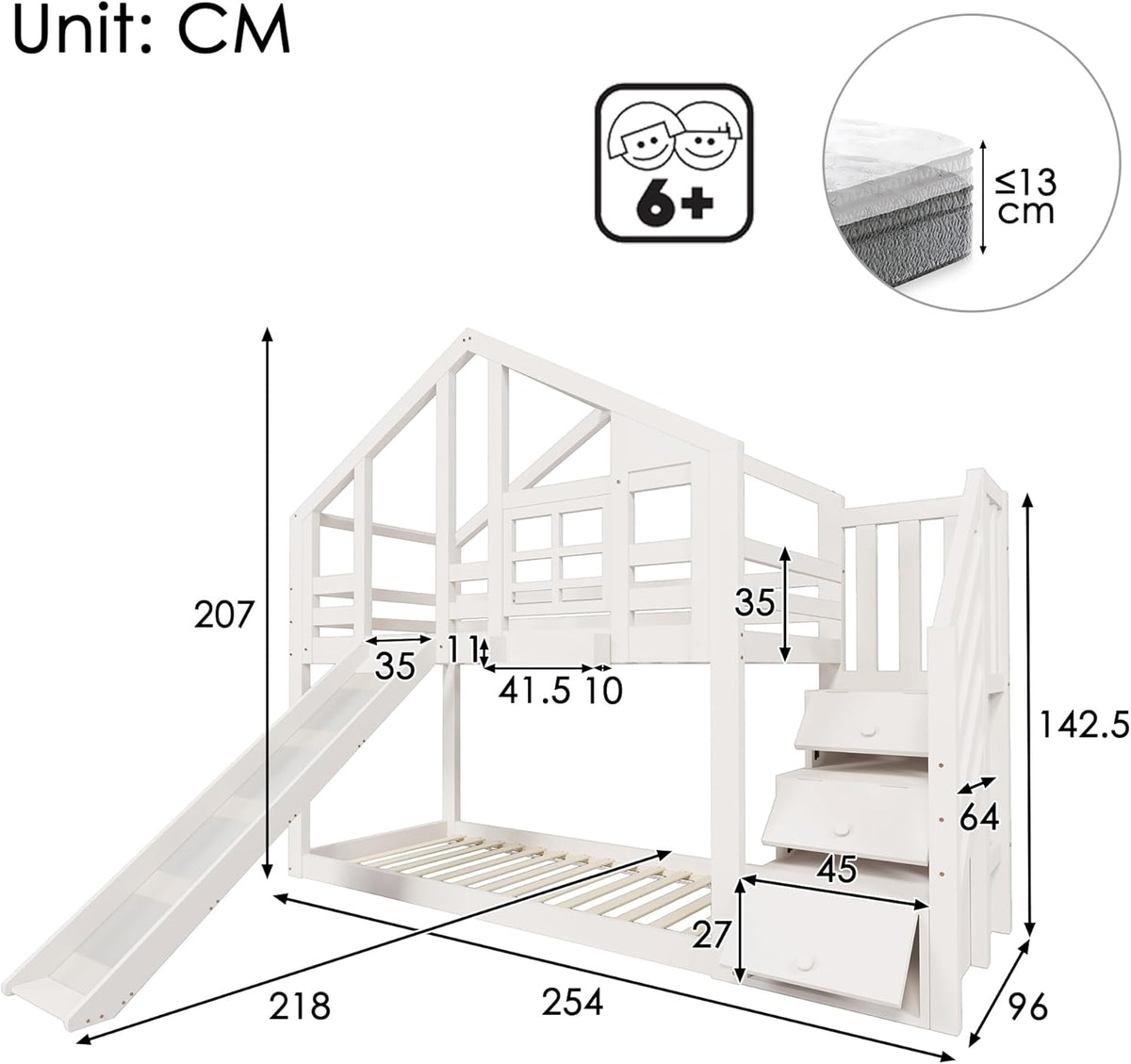 Merax Kinderbett Etagenbett 90x200cm Housebett Stockbett Hochbett mit Rutsche,Treppe Staufach Stauraum,Lattenrost,Rausfallschutz,mit Fenster, für 2 Kinder, Ohne Matratze,Weiß/254×96×207cm