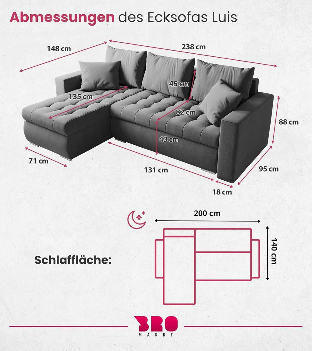 BROMARKT Sofa mit Schlaffunktion Ecksofa L-Form Schlafsofa Couch Bettkasten Wohnzimmer Möbel LUIS Couch 3 Sitzer Bett mit Bezugbehalter 238x150x72 Hellgrau