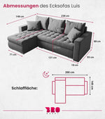 BROMARKT Sofa mit Schlaffunktion Ecksofa L-Form Schlafsofa Couch Bettkasten Wohnzimmer Möbel LUIS Couch 3 Sitzer Bett mit Bezugbehalter 238x150x72 Hellgrau