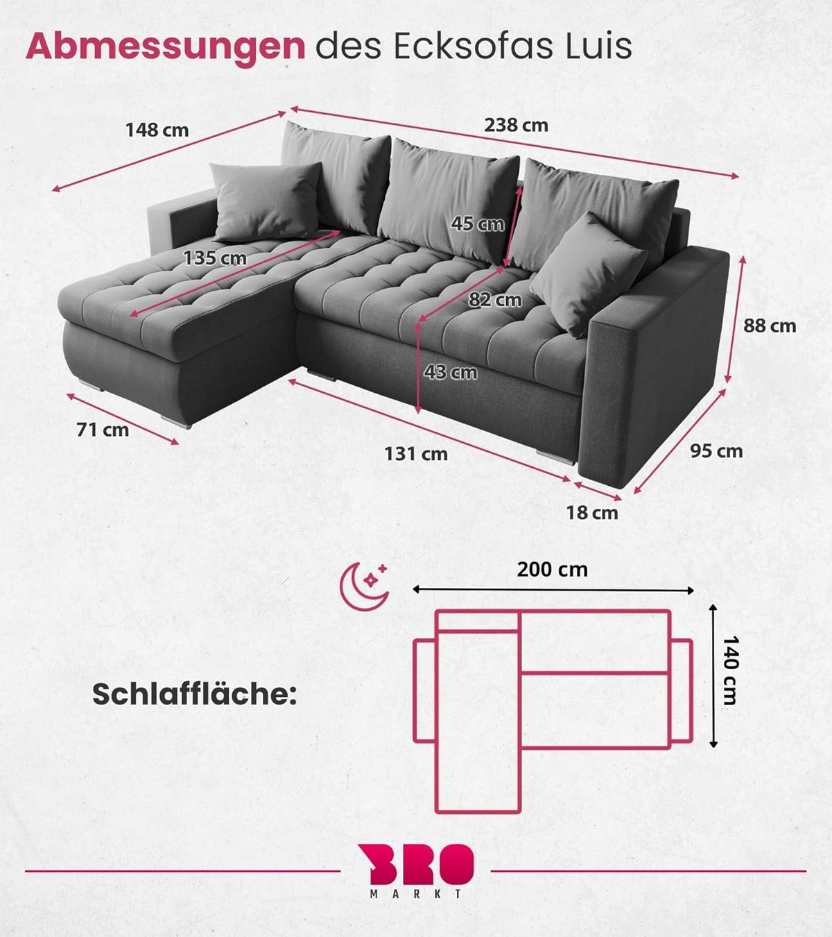 BROMARKT Sofa mit Schlaffunktion Ecksofa L-Form Schlafsofa Couch Bettkasten Wohnzimmer Möbel LUIS Couch 3 Sitzer Bett mit Bezugbehalter 238x150x72 Hellgrau