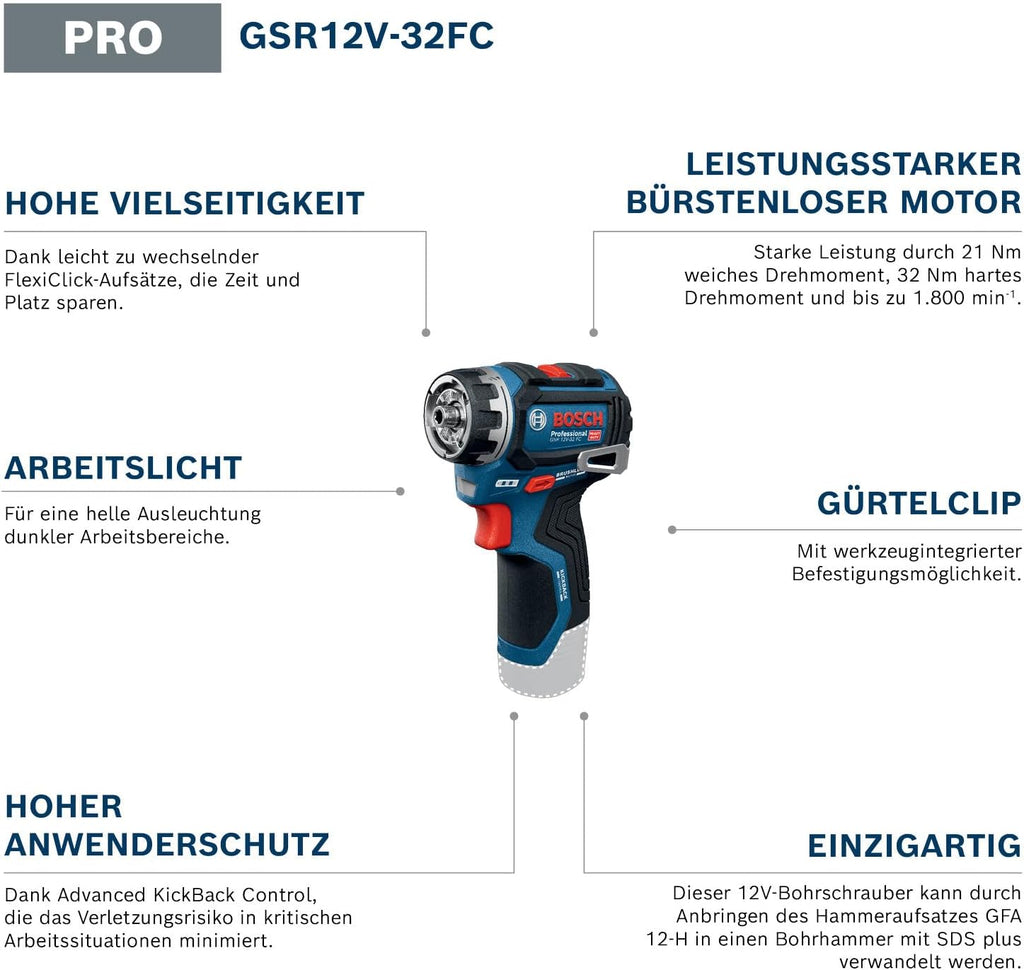 Taladro atornillador a batería Bosch PRO 12V System GSR12V-32FC (incluye 2,0 Ah, GAL 12V-20, GFA 12-M, GFA 12-H, empuñadura adicional, tope de profundidad, L-BOXX)