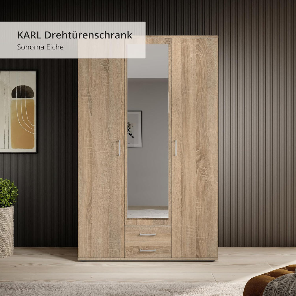 KARL Eleganter 3-türiger Kleiderschrank mit viel Stauraum - Mehrzweckschrank Sonoma Eiche mit Spiegeltür - 120 x 195 x 55 cm