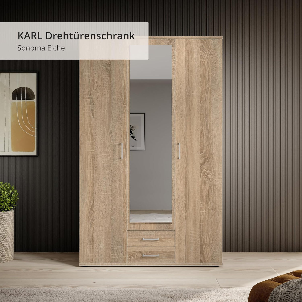 KARL Eleganter 3-türiger Kleiderschrank mit viel Stauraum - Mehrzweckschrank Sonoma Eiche mit Spiegeltür - 120 x 195 x 55 cm