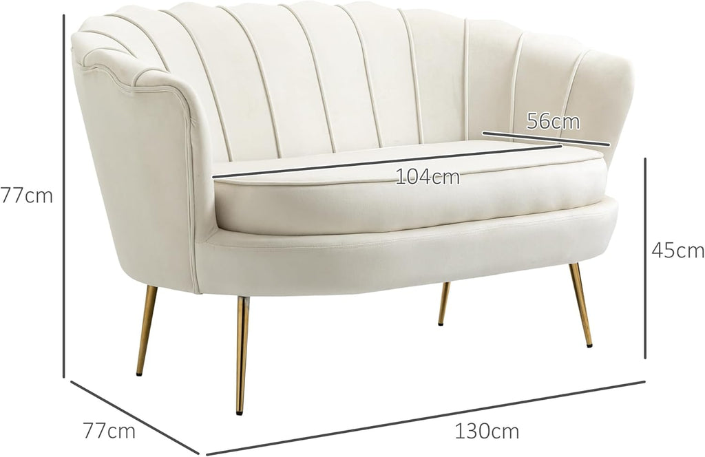 HOMCOM Sofa 2 Sitzer Couch mit Armlehne blütenblattförmiger Rückenlehne Dick Gepolstert Polstersofa Modern Doppelsofa mit Samtoptik, Metallbeine für Wohnzimmer, 130 x 77 x 77 cm, Cremeweiß