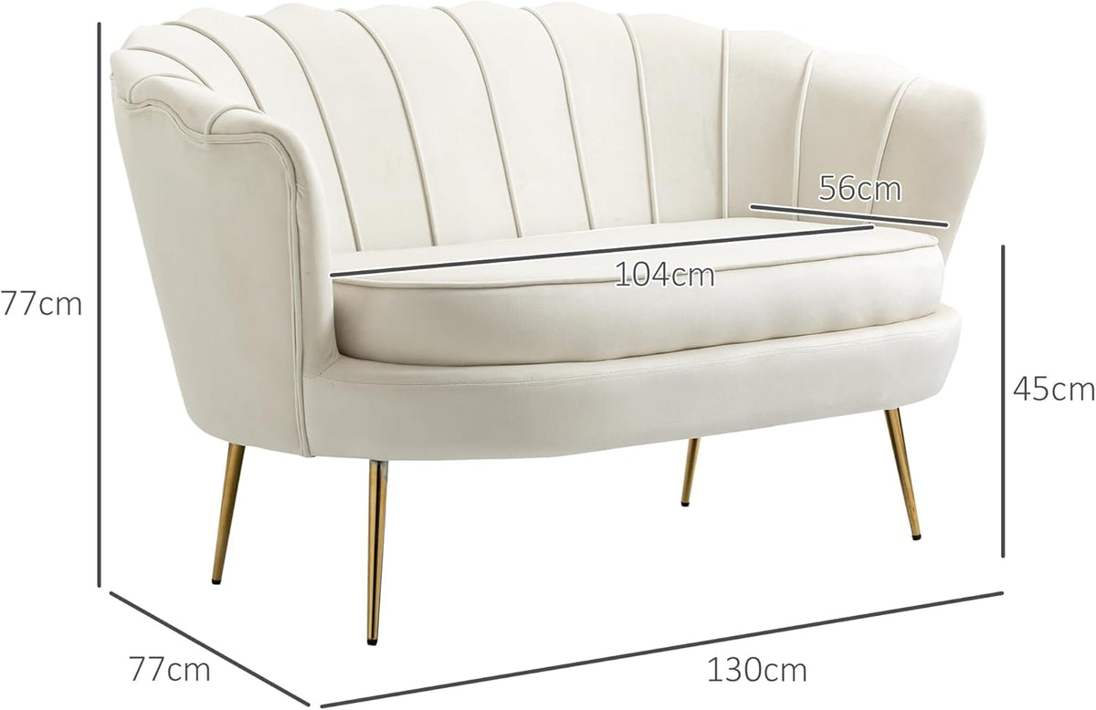 HOMCOM Sofa 2 Sitzer Couch mit Armlehne blütenblattförmiger Rückenlehne Dick Gepolstert Polstersofa Modern Doppelsofa mit Samtoptik, Metallbeine für Wohnzimmer, 130 x 77 x 77 cm, Cremeweiß