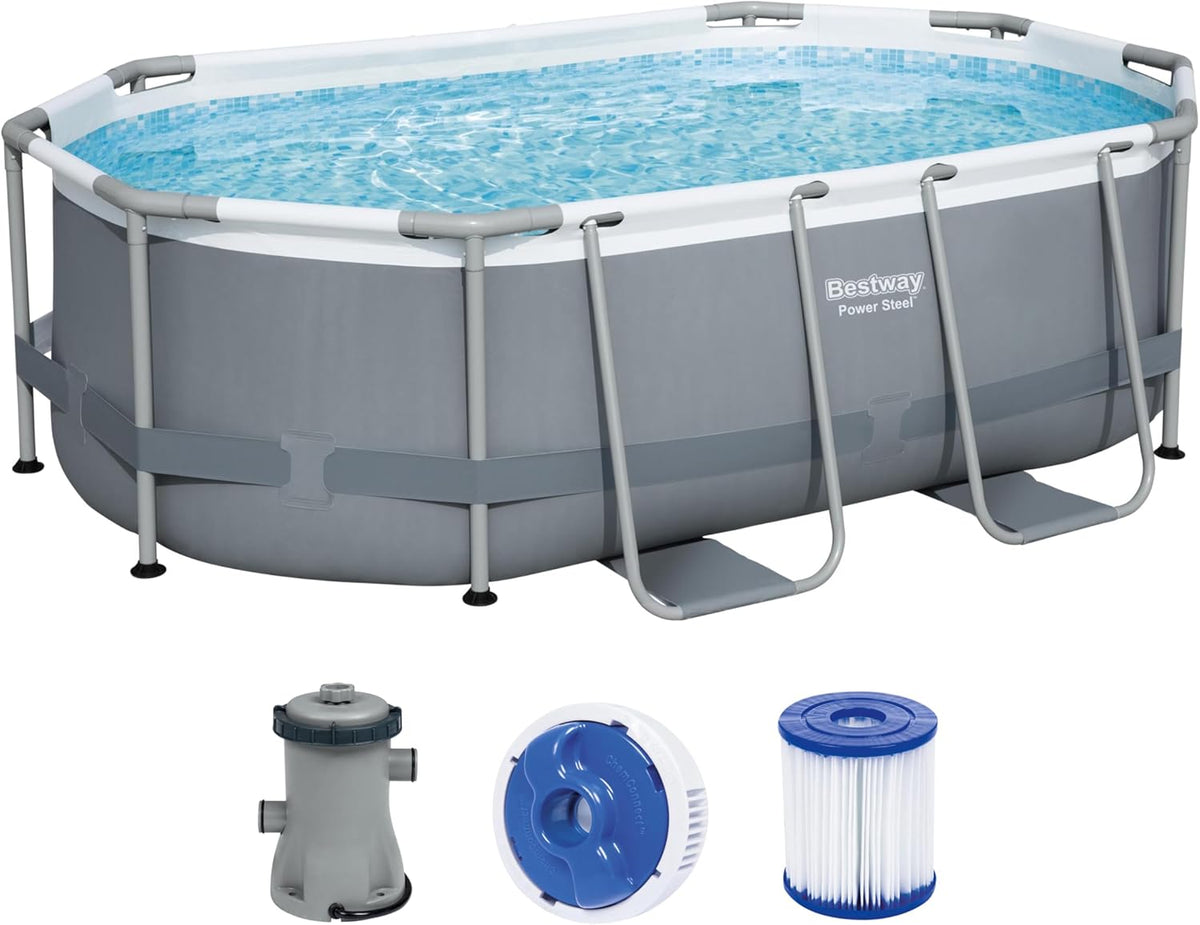 Set de piscina con estructura Bestway Power Steel, ovalada, con bomba de filtrado, 305 x 200 x 84 cm, gris, 5614A