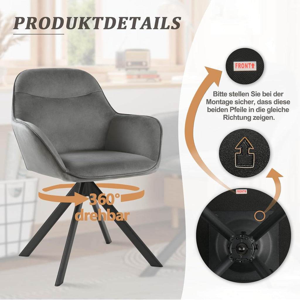 Juego de 6 sillas de comedor giratorias con reposabrazos: silla de comedor giratoria 360°, silla tapizada de terciopelo, silla de cocina giratoria con patas de metal para comedor, cocina, sala de estar, gris oscuro