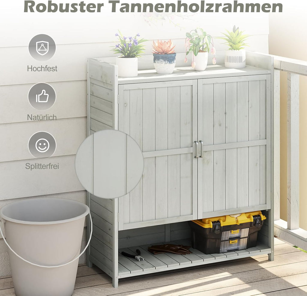 COSTWAY Pflanztisch Outdoor wetterfest, Gärtnertisch Holz, Blumentisch mit Unterschrank, Abfalleimer & verstellbarem Regal, Gärtnertisch für Garten Terrasse Hof, 102 x 43,5 x 152 cm, Natur