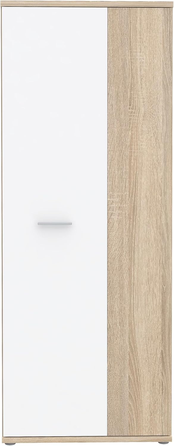 FORTE NET106 Armario 70, zapatero, armario ropero, trastero, armario de puertas batientes, 2 puertas con estantes, blanco con decoración en madera: roble Sonoma, 69 cm de ancho x 179 cm de alto x 35 cm de profundidad