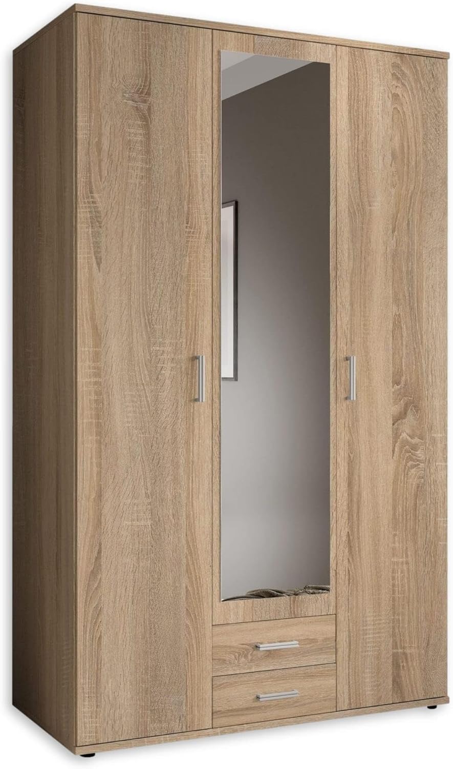 KARL Eleganter 3-türiger Kleiderschrank mit viel Stauraum - Mehrzweckschrank Sonoma Eiche mit Spiegeltür - 120 x 195 x 55 cm