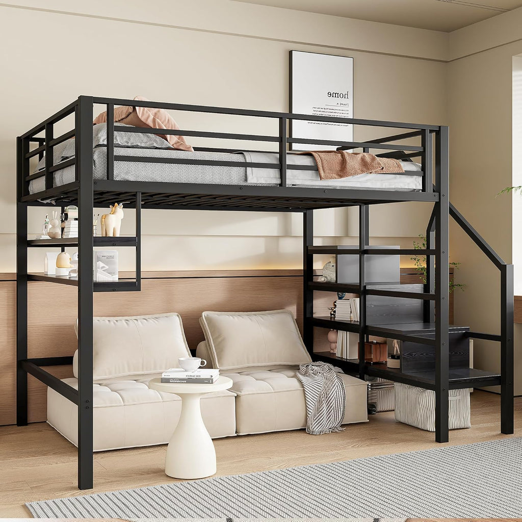 Hochbett, 140*200cm , Einlegeböden, Stauraumleiter, Freiraum unter dem Bett zum Verkleiden, Geländer, ohne Matratze, Schwarz Möbel, Schlafzimmermöbel, Bett, Bettgestell und Untergestell WX00057