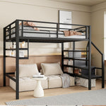 Hochbett, 140*200cm , Einlegeböden, Stauraumleiter, Freiraum unter dem Bett zum Verkleiden, Geländer, ohne Matratze, Schwarz Möbel, Schlafzimmermöbel, Bett, Bettgestell und Untergestell WX00057