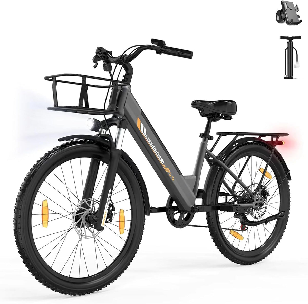 Bicicleta eléctrica de 26" para adultos, bicicleta eléctrica de 7 velocidades con batería intercambiable de 36V 13Ah, 25 km/h y autonomía de 80-100 km para viajeros urbanos