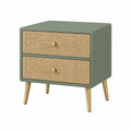 Mesita de noche de madera con cajones de ratán y patas de metal 40x30x50cm verde