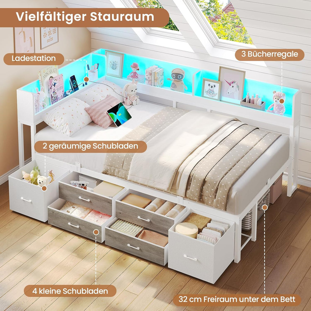 AOGLLATI Bett 90x200 mit Stauraum Schlafsofa mit Integriertem Bücherregal & 6 Schubladen,Jugendbett mit LED-Beleuchtung & Ladestation Gästebett Tagesbett Bettgestell mit Lattenrost(Weiß, 90x200cm)