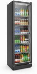 SCHOEPF Refrigerador con puerta de cristal - refrigerador comercial para bebidas - refrigeración por aire forzado - refrigerador con puerta de vidrio - 347 l - 5 estantes de rejilla ajustables - 194,5 cm de altura - GKS350 (Negro)