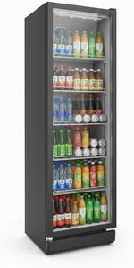 SCHOEPF Refrigerador con puerta de cristal - refrigerador comercial para bebidas - refrigeración por aire forzado - refrigerador con puerta de vidrio - 347 l - 5 estantes de rejilla ajustables - 194,5 cm de altura - GKS350 (Negro)
