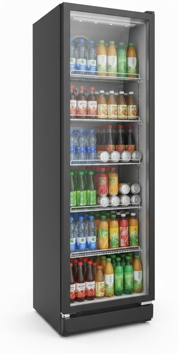 SCHOEPF Refrigerador con puerta de cristal - refrigerador comercial para bebidas - refrigeración por aire forzado - refrigerador con puerta de vidrio - 347 l - 5 estantes de rejilla ajustables - 194,5 cm de altura - GKS350 (Negro)