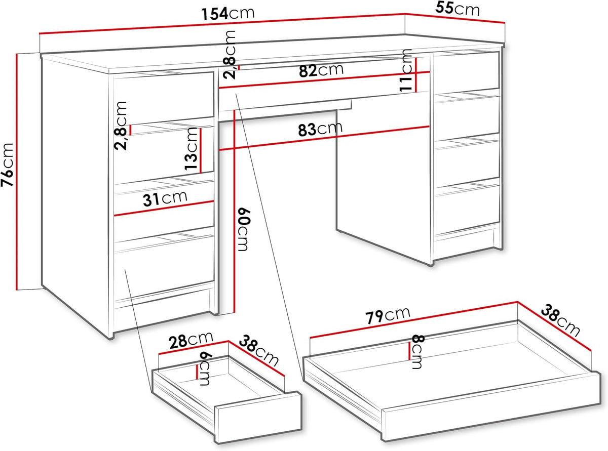 Mirjan24 Schreibtisch Ada Bis, 9 Schubladen Schülerschreibtisch Computertisch B:H:T 154x76x55cm, Kinderschreibtisch Arbeitstisch PC-Tisch Jugendzimmer Kinderzimmer (Weiß)