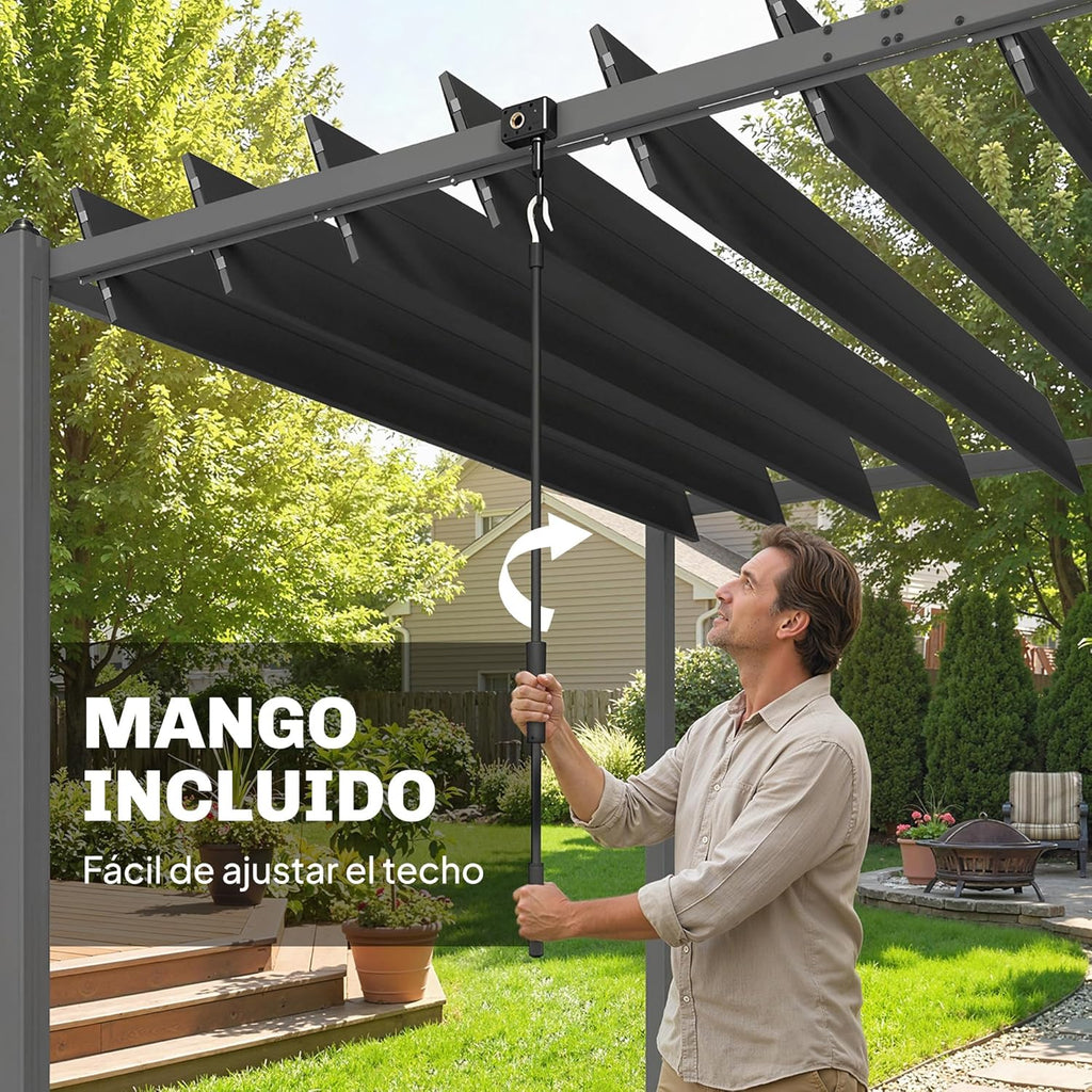 Pérgola de jardín Outsunny 3x5,7 m, cenador de jardín con techo de lamas ajustable a 90°, manivela, estructura de aluminio, protección UPF50+, pabellón para exterior, patio, terraza, gris oscuro
