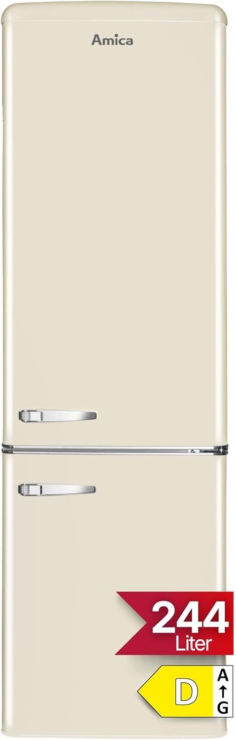 Amica Retro Kühl-Gefrierkombination 244L 181 x 55 x 61,5cm KGCR 387 101 B | 181L Kühlteil 63L Gefrierteil, LED Beleuchtung, Automatische Abtauung, Sicherheitsglas, Chrom-Flaschengitter, Leiser Betrieb