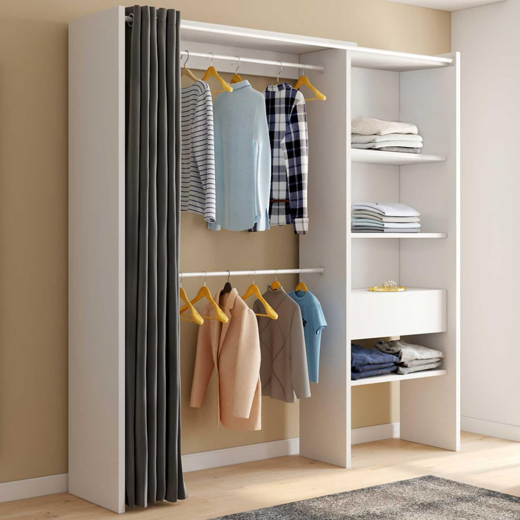 IDMarket - Vestidor extensible Marty 120/170 x 50 x 180 cm blanco con estantes + doble barra de armario + cortina gris