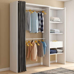 IDMarket - Vestidor extensible Marty 120/170 x 50 x 180 cm blanco con estantes + doble barra de armario + cortina gris