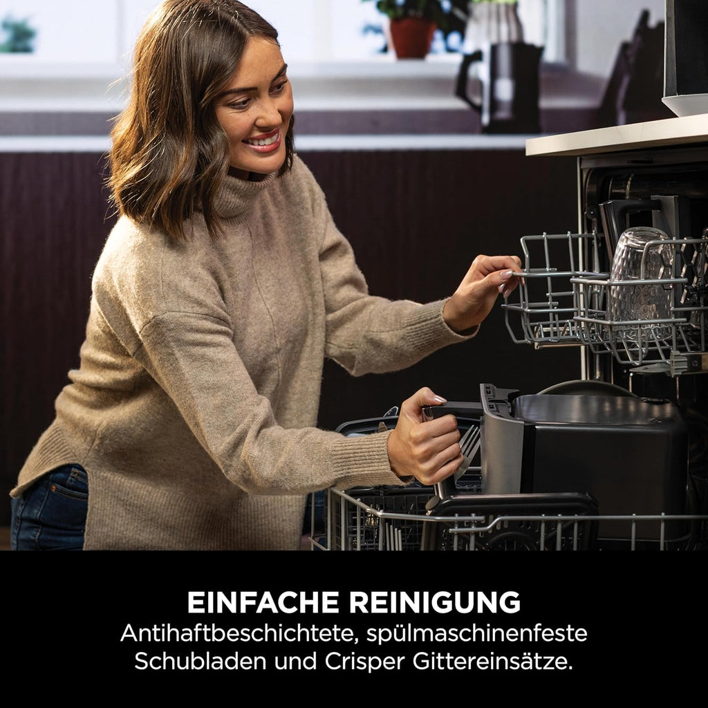 Ninja Dual Zone Digital Air Fryer, 2 Schubladen, 6-in-1, Heißluftfritteuse, 9,5L, Heißluft-Frittieren, Max Crisp, Rösten, Backen, Aufwärmen, Spülmaschinenfeste Körbe, Metallic Grau DZ400EU