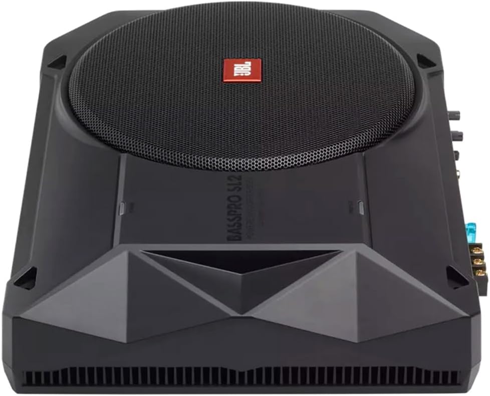 Subwoofer activo para coche JBL BassPro SL2 de 8 pulgadas bajo el asiento - Subwoofer para coche de 125 vatios con amplificador de potencia integrado, negro