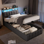 Bettgestell 90x200,boxspringbett mit LED,Einzelbett mit Stauraum,hydraulisch stauraumbett gepolstertes Bett,Funktionsbett Jugendbett mit USB,Polsterbett für 1 Person (Grau+Leinen)