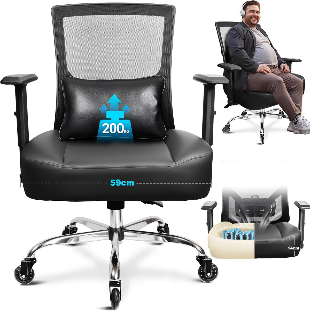 Silla de oficina MELOKEA 200KG XXL, cojín de asiento con muelles ensacados extrancho y extragrueso, ruedas de goma, soporte lumbar ajustable, bloqueo de inclinación continuo, gaming y oficina [cojín lumbar incluido]