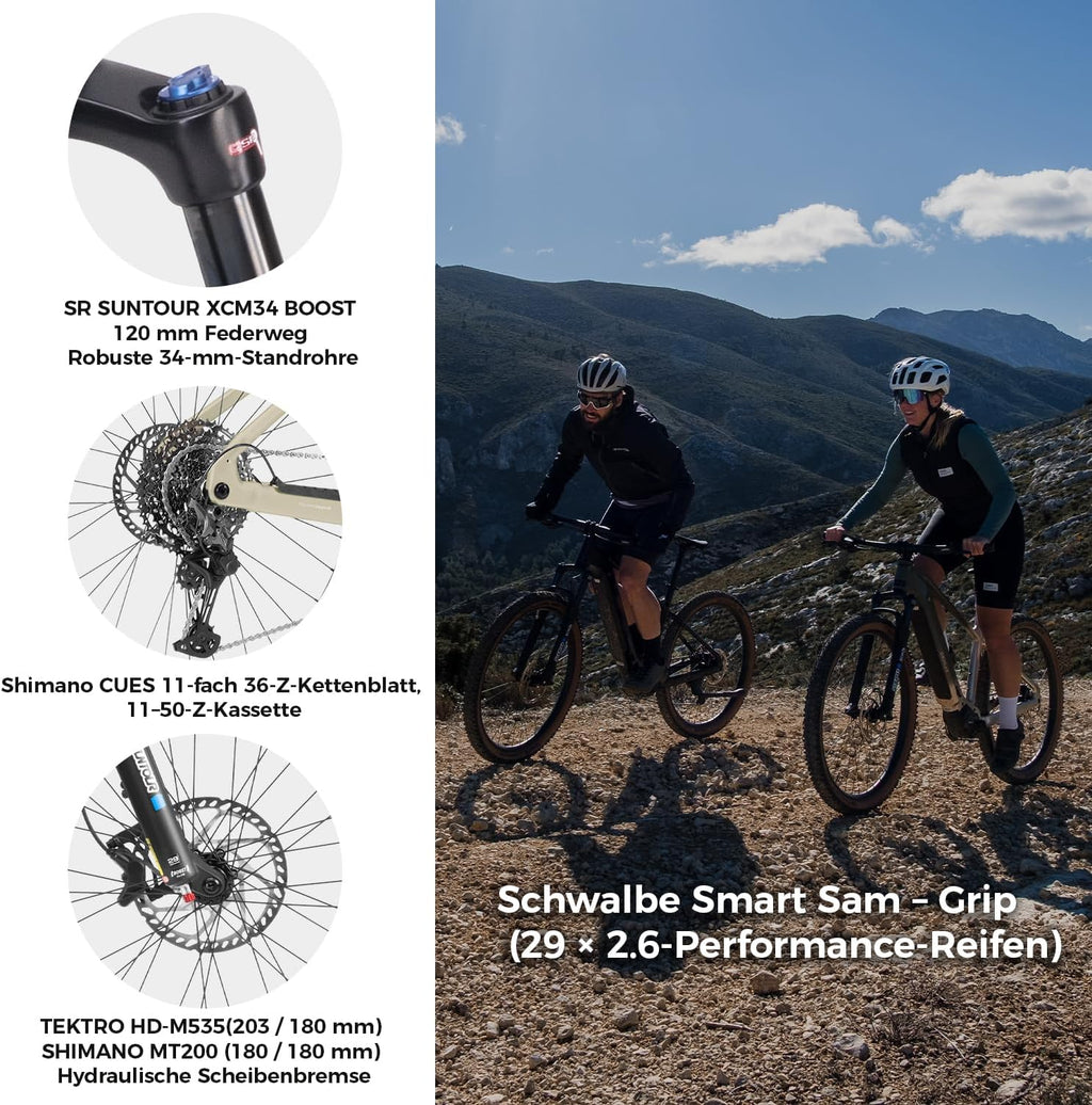 DERUIZ Dolomit E-Bike 29 pulgadas, bicicleta eléctrica para hombre y mujer con freno de disco hidráulico, motor central de 250 W y 110 Nm, batería de 48 V y 720 Wh, autonomía de hasta 180 km, bicicleta de montaña eléctrica todoterreno, 11 velocidades